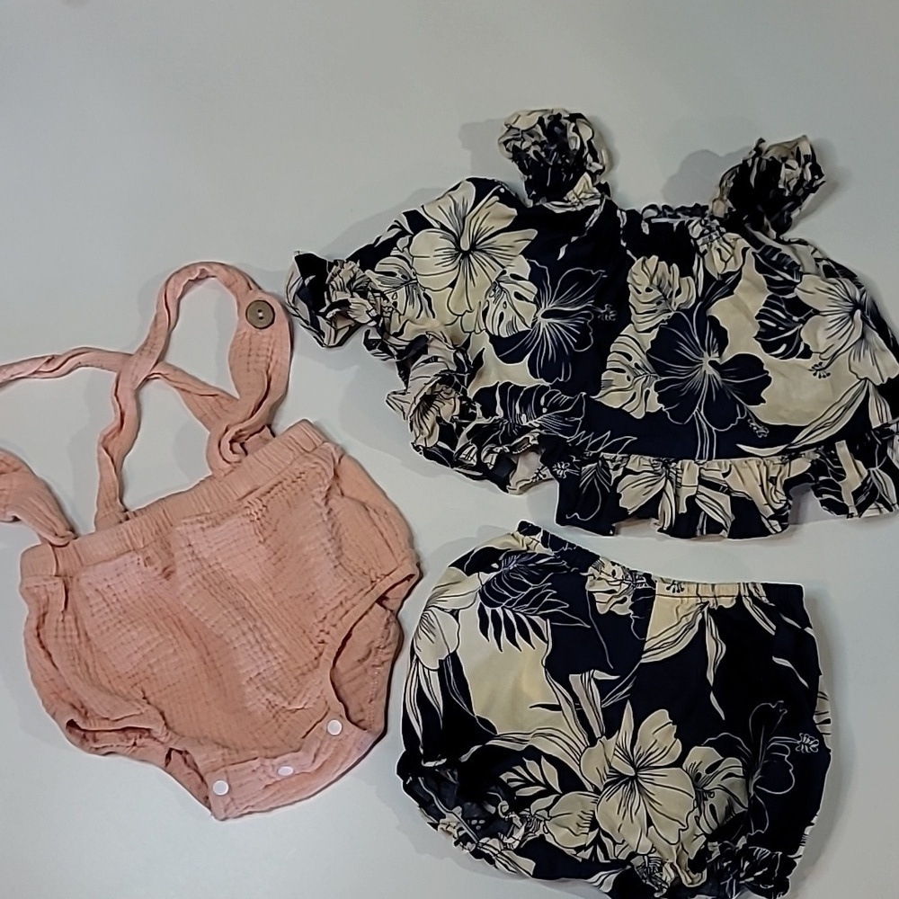 5/$30 Crepe Bunting Overalls + Hawaiian 100% Cotton Matching Set Ruffle